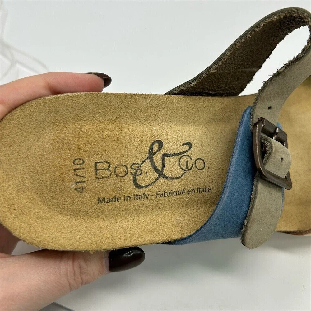 Bos & Co. Womens Blue Tan Slip On Wedge Thong Sandals Size 10 Made in Italy